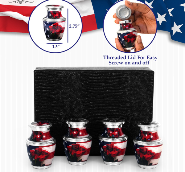 USA Flag Mini Urns w/Velvet Bag & Funnel (4 Set)