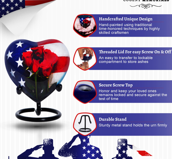 American Flag Heart Shaped Cremation Urns