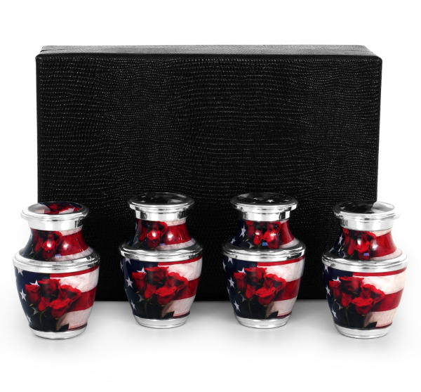 USA Flag Mini Urns w/Velvet Bag & Funnel (4 Set)